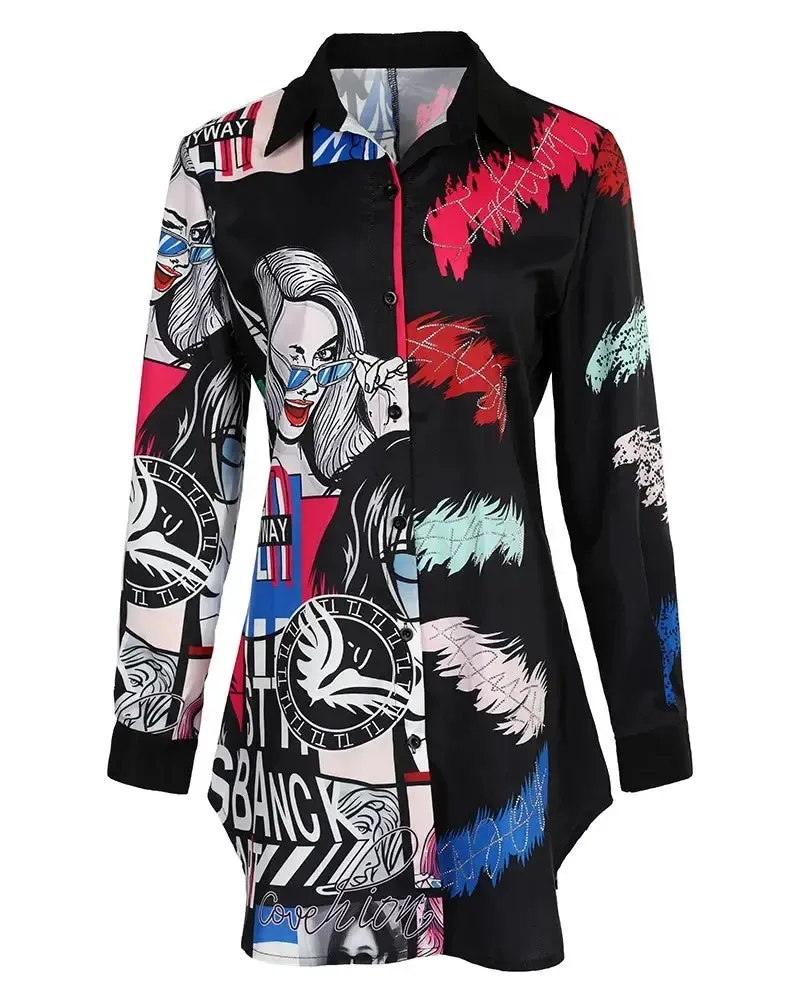 Xieyinshe - Letter Print Long Sleeve Button Down Shirt