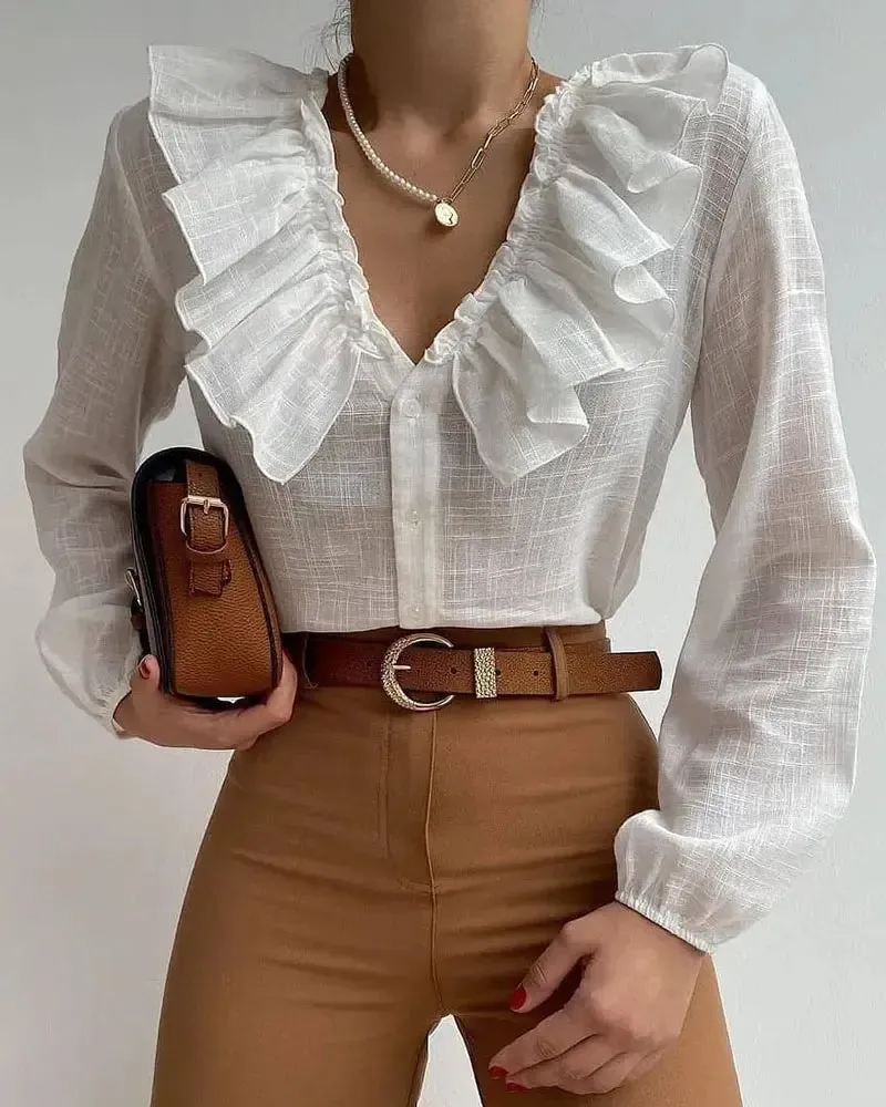 Xieyinshe - Long Sleeve Ruffle Button Down Casual Top