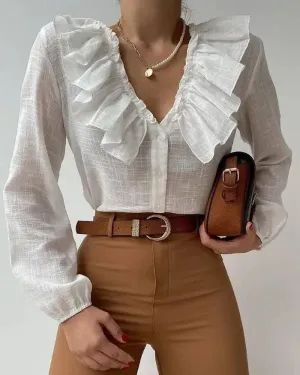Xieyinshe - Long Sleeve Ruffle Button Down Casual Top