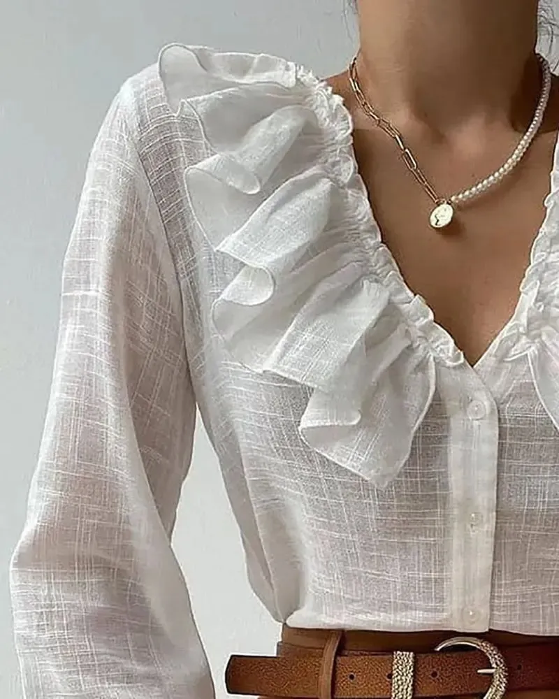 Xieyinshe - Long Sleeve Ruffle Button Down Casual Top