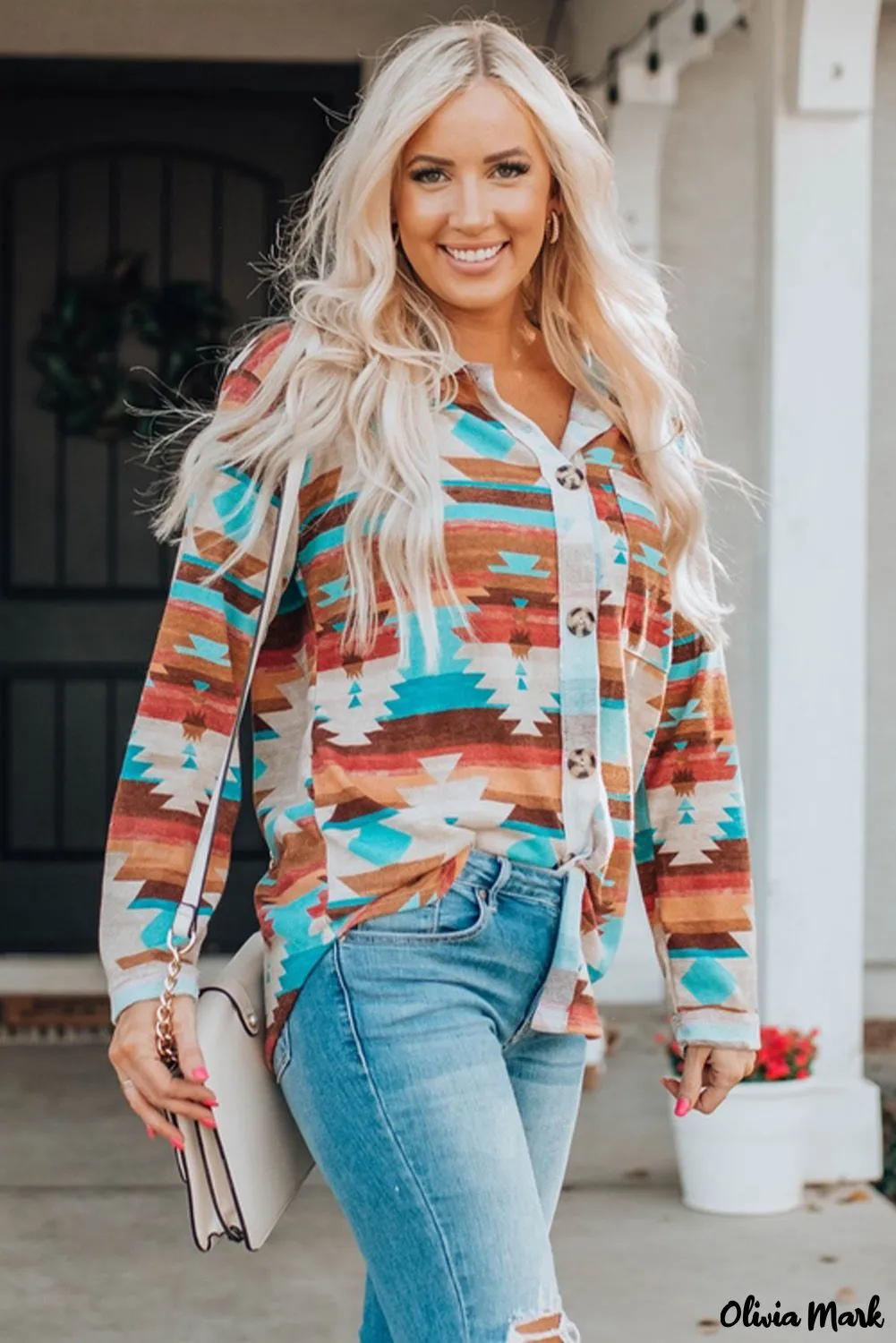 Xieyinshe - Multicolor Aztec Print Long Sleeve Shirt With Button Chest Pocket