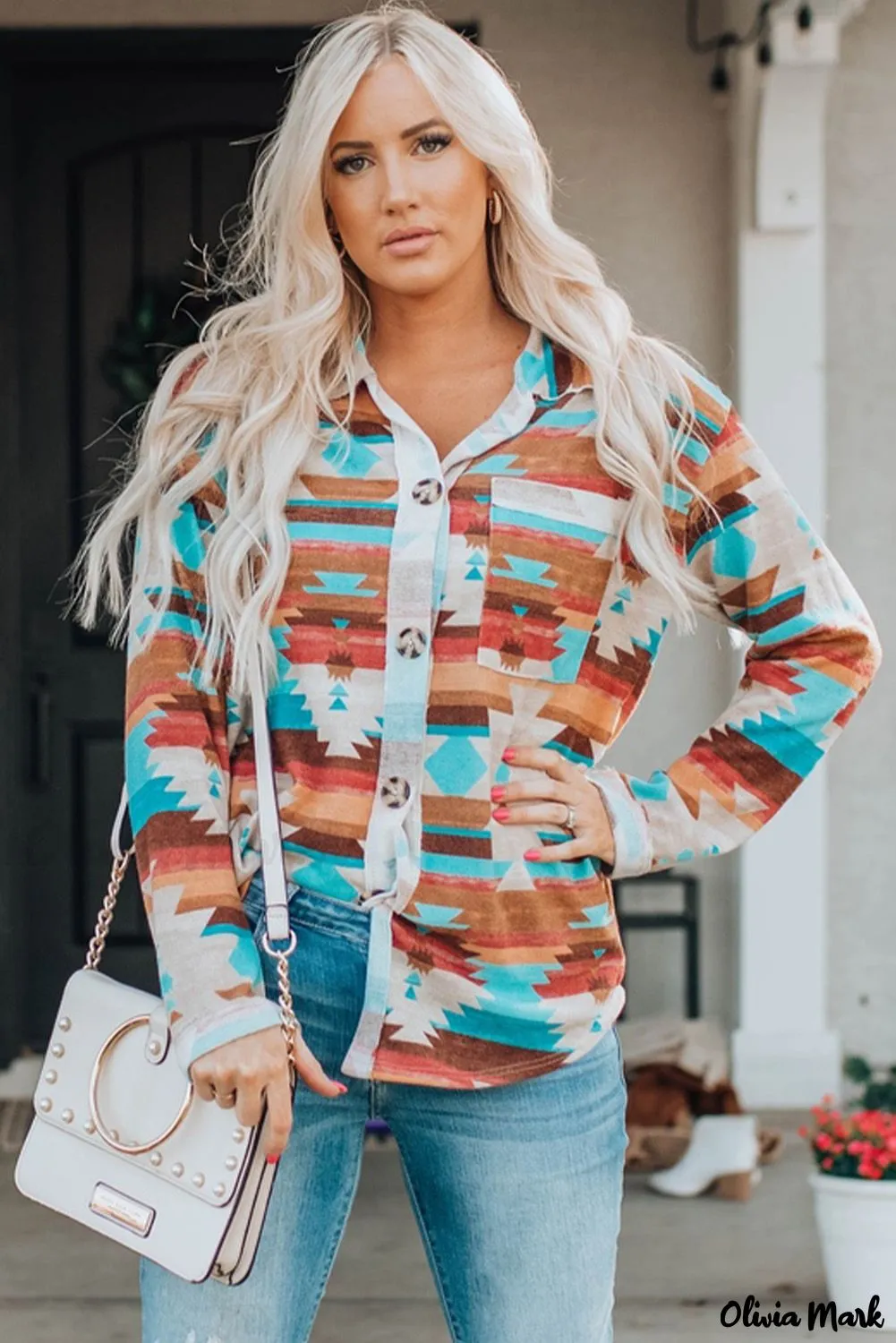 Xieyinshe - Multicolor Aztec Print Long Sleeve Shirt With Button Chest Pocket