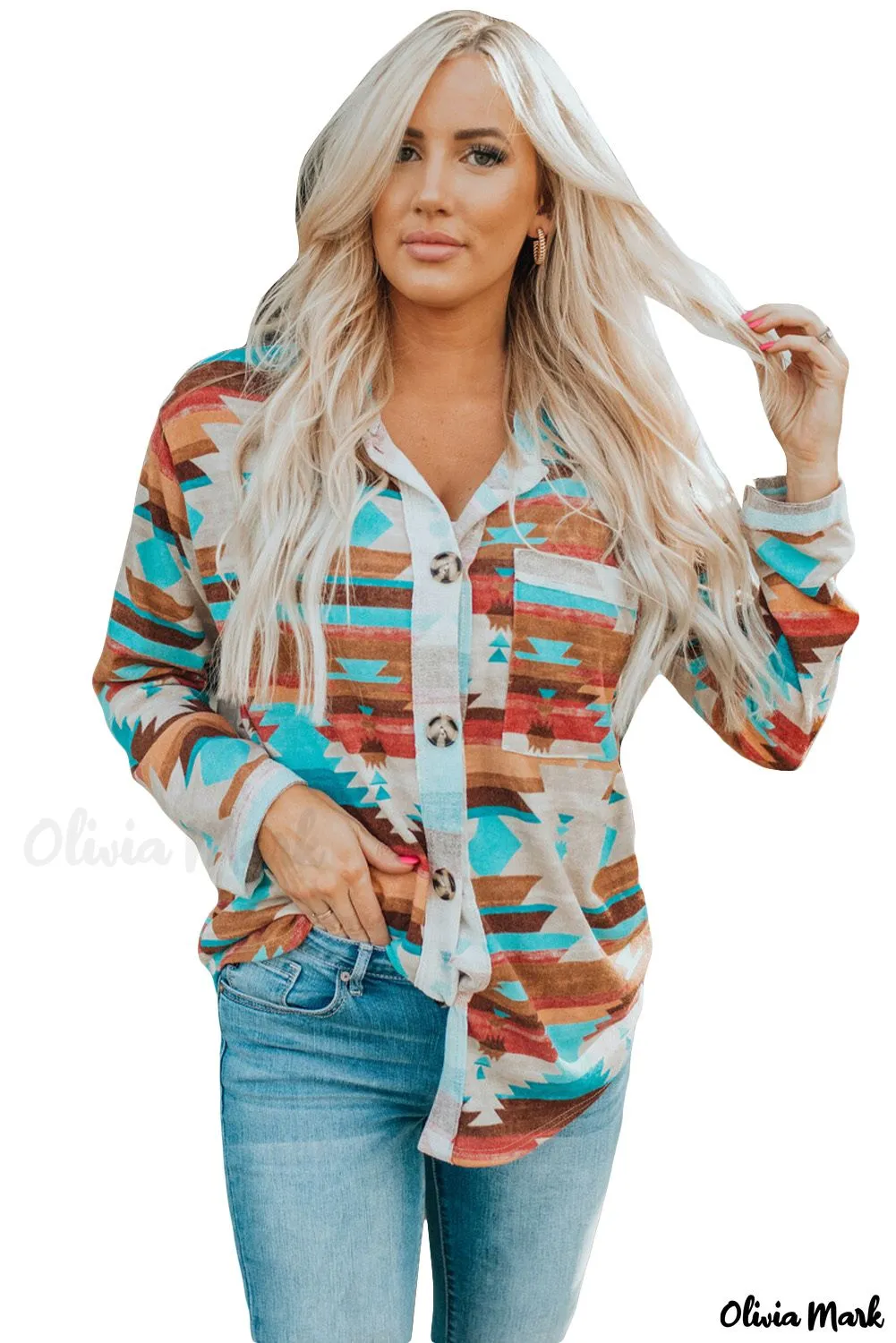 Xieyinshe - Multicolor Aztec Print Long Sleeve Shirt With Button Chest Pocket