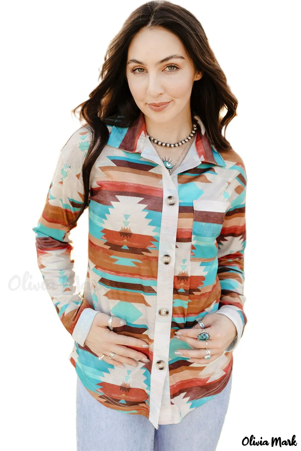 Xieyinshe - Multicolor Aztec Print Long Sleeve Shirt With Button Chest Pocket