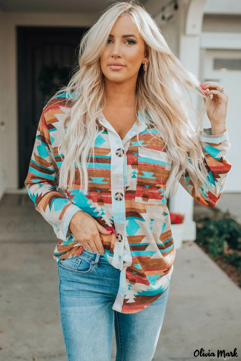 Xieyinshe - Multicolor Aztec Print Long Sleeve Shirt With Button Chest Pocket