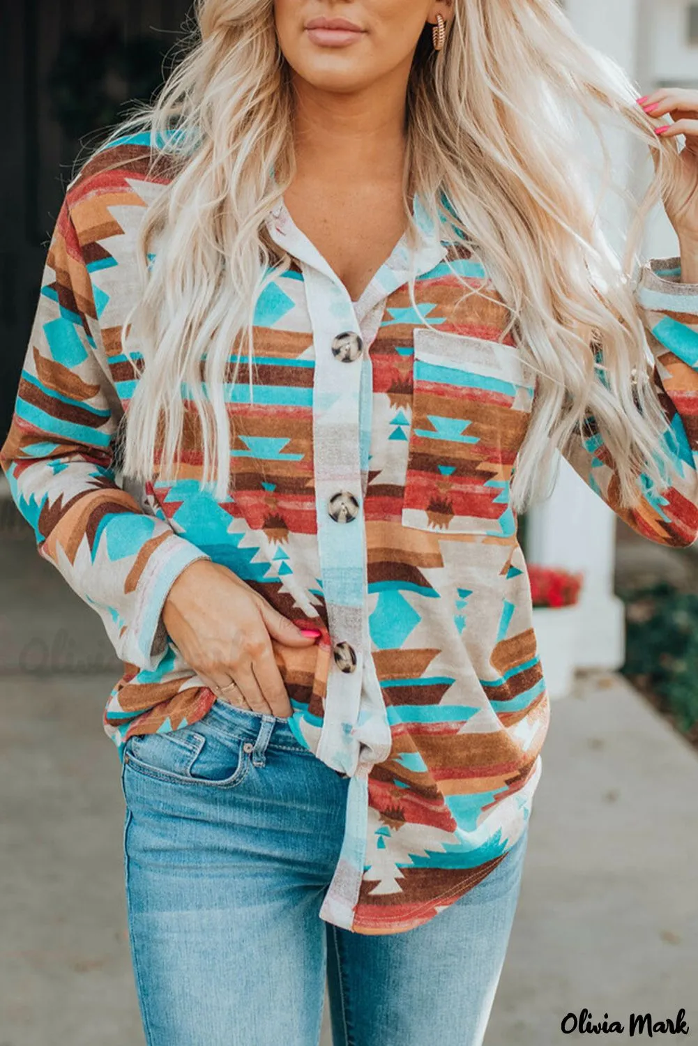 Xieyinshe - Multicolor Aztec Print Long Sleeve Shirt With Button Chest Pocket