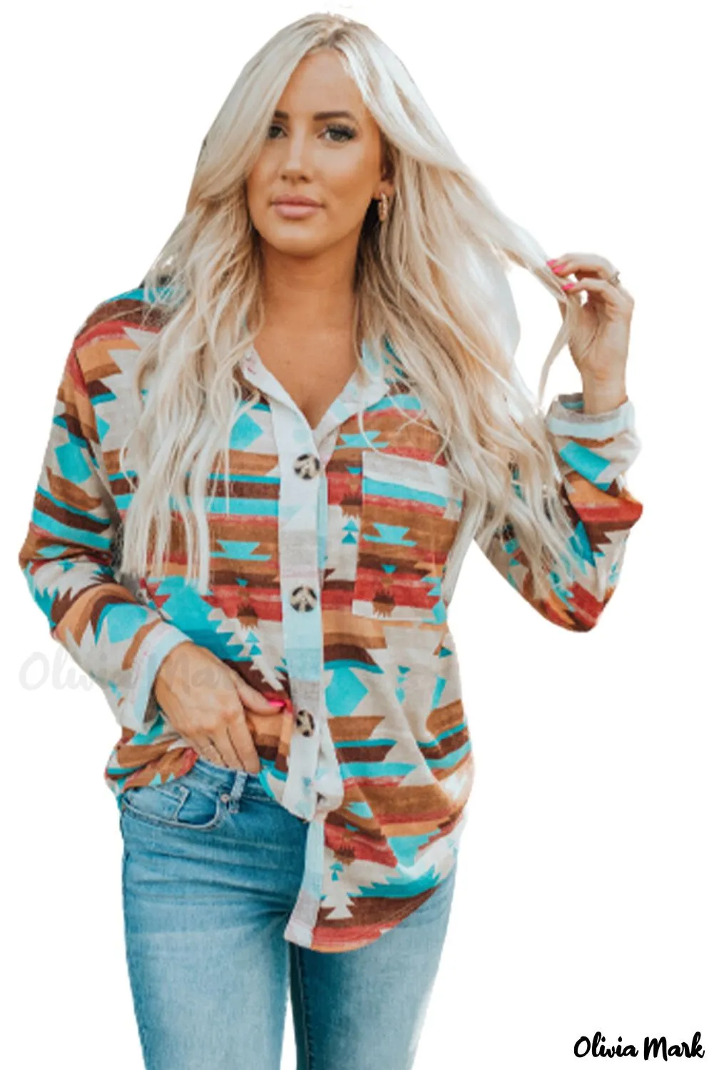 Xieyinshe - Multicolor Aztec Print Long Sleeve Shirt With Button Chest Pocket