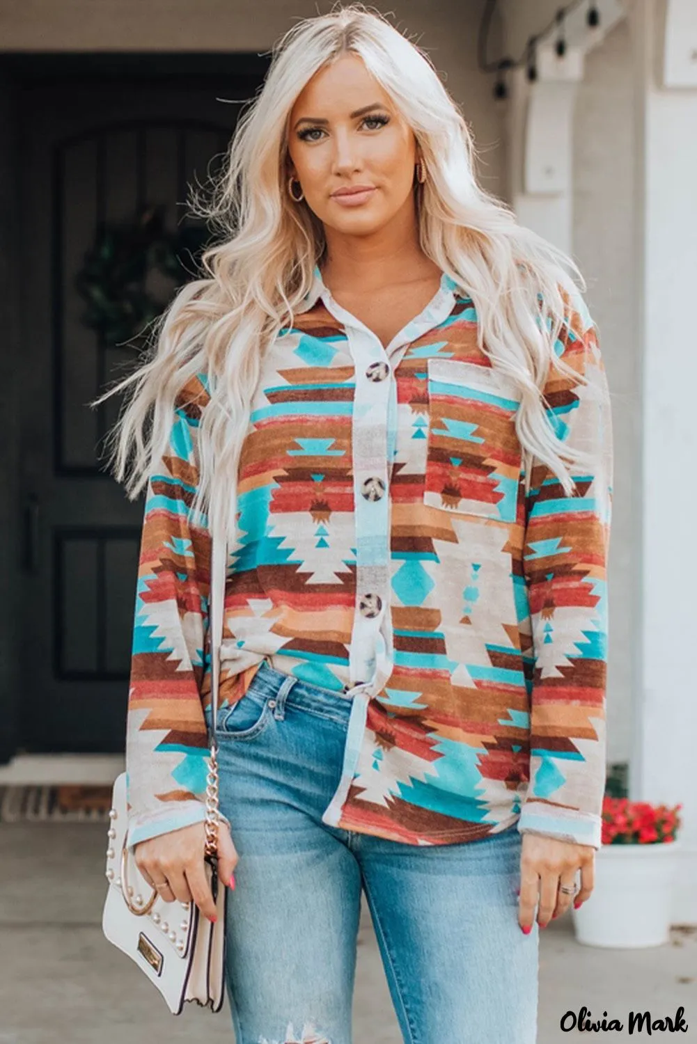 Xieyinshe - Multicolor Aztec Print Long Sleeve Shirt With Button Chest Pocket