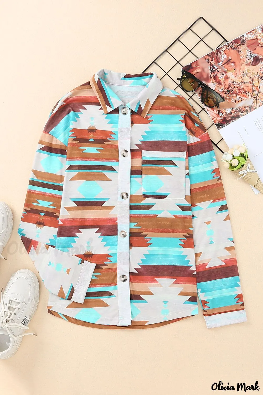 Xieyinshe - Multicolor Aztec Print Long Sleeve Shirt With Button Chest Pocket