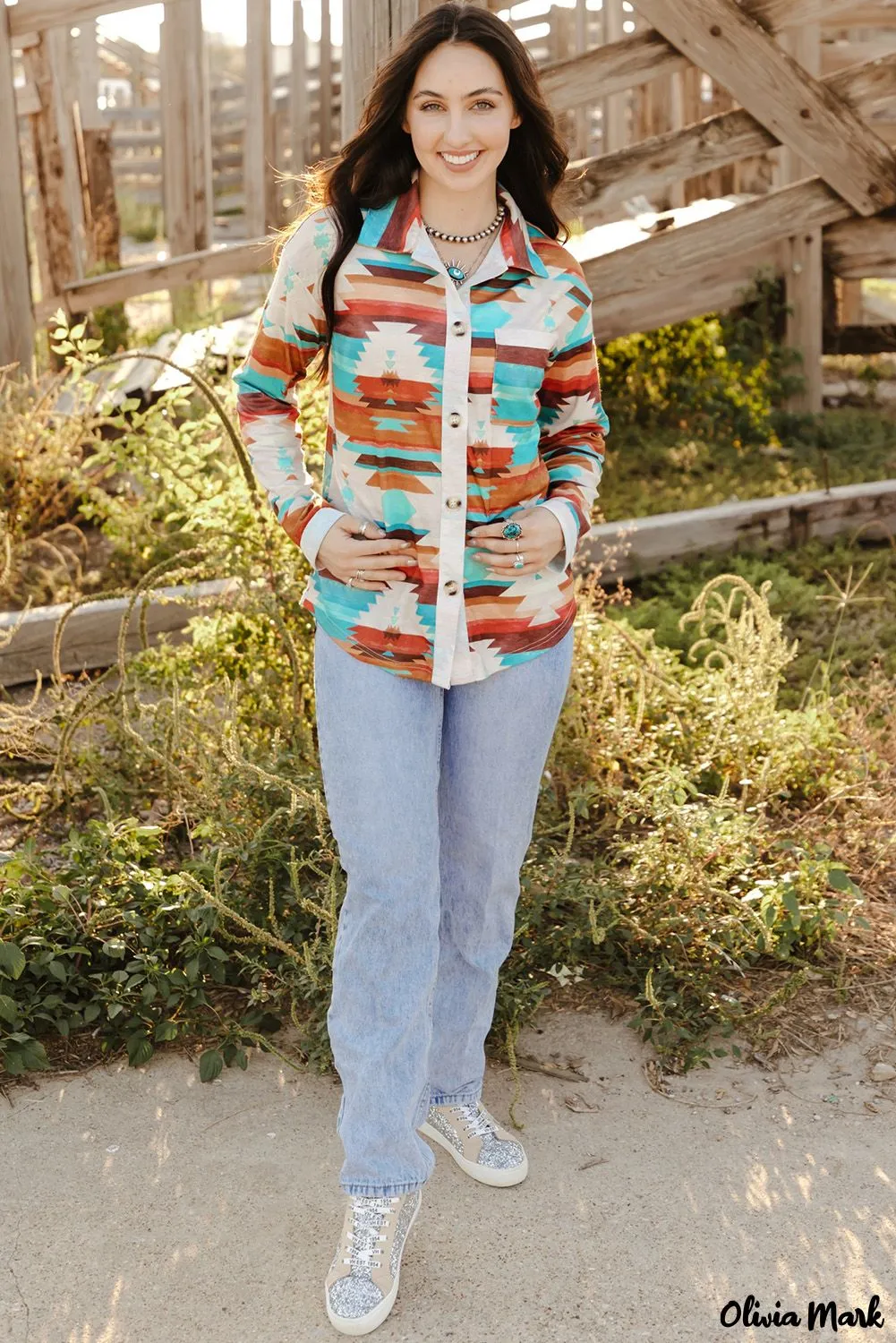Xieyinshe - Multicolor Aztec Print Long Sleeve Shirt With Button Chest Pocket
