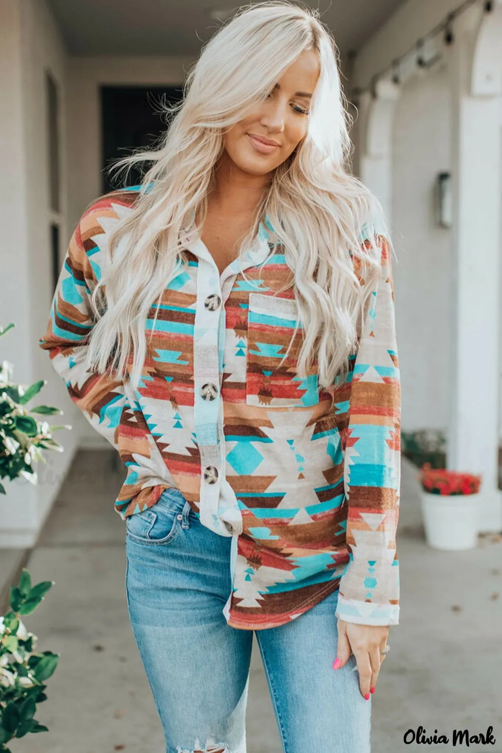 Xieyinshe - Multicolor Aztec Print Long Sleeve Shirt With Button Chest Pocket