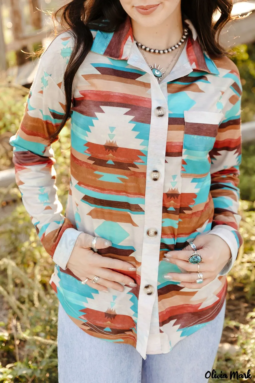 Xieyinshe - Multicolor Aztec Print Long Sleeve Shirt With Button Chest Pocket