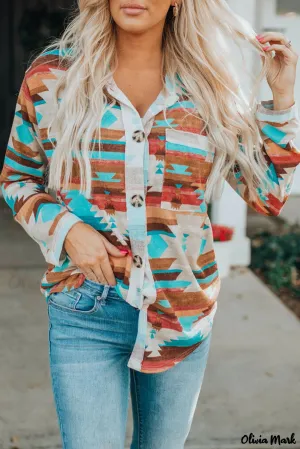 Xieyinshe - Multicolor Aztec Print Long Sleeve Shirt With Button Chest Pocket