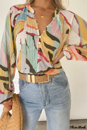 Xieyinshe - Multicolor Crinkle Long Sleeve Tropical Fish Skin Shirt