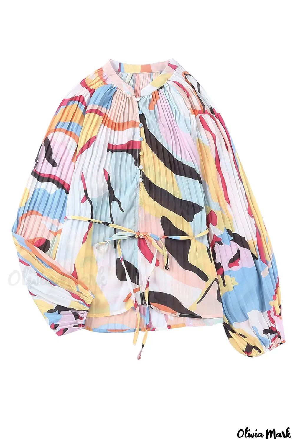 Xieyinshe - Multicolor Crinkle Long Sleeve Tropical Fish Skin Shirt