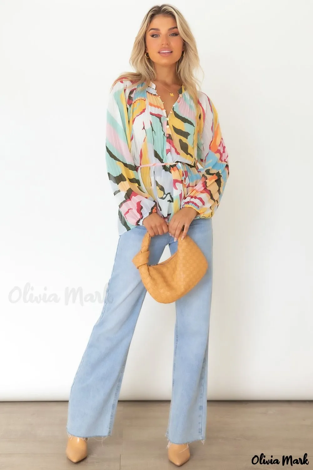 Xieyinshe - Multicolor Crinkle Long Sleeve Tropical Fish Skin Shirt