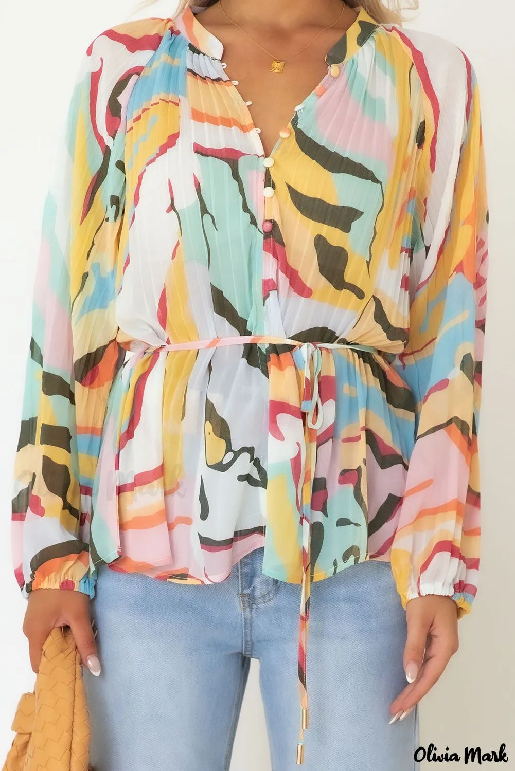 Xieyinshe - Multicolor Crinkle Long Sleeve Tropical Fish Skin Shirt