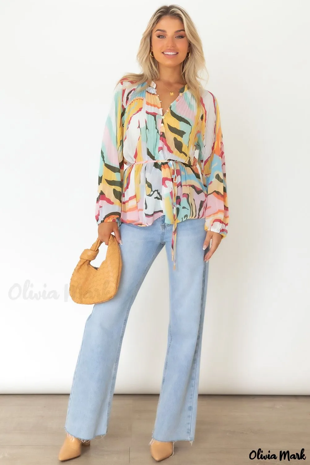 Xieyinshe - Multicolor Crinkle Long Sleeve Tropical Fish Skin Shirt