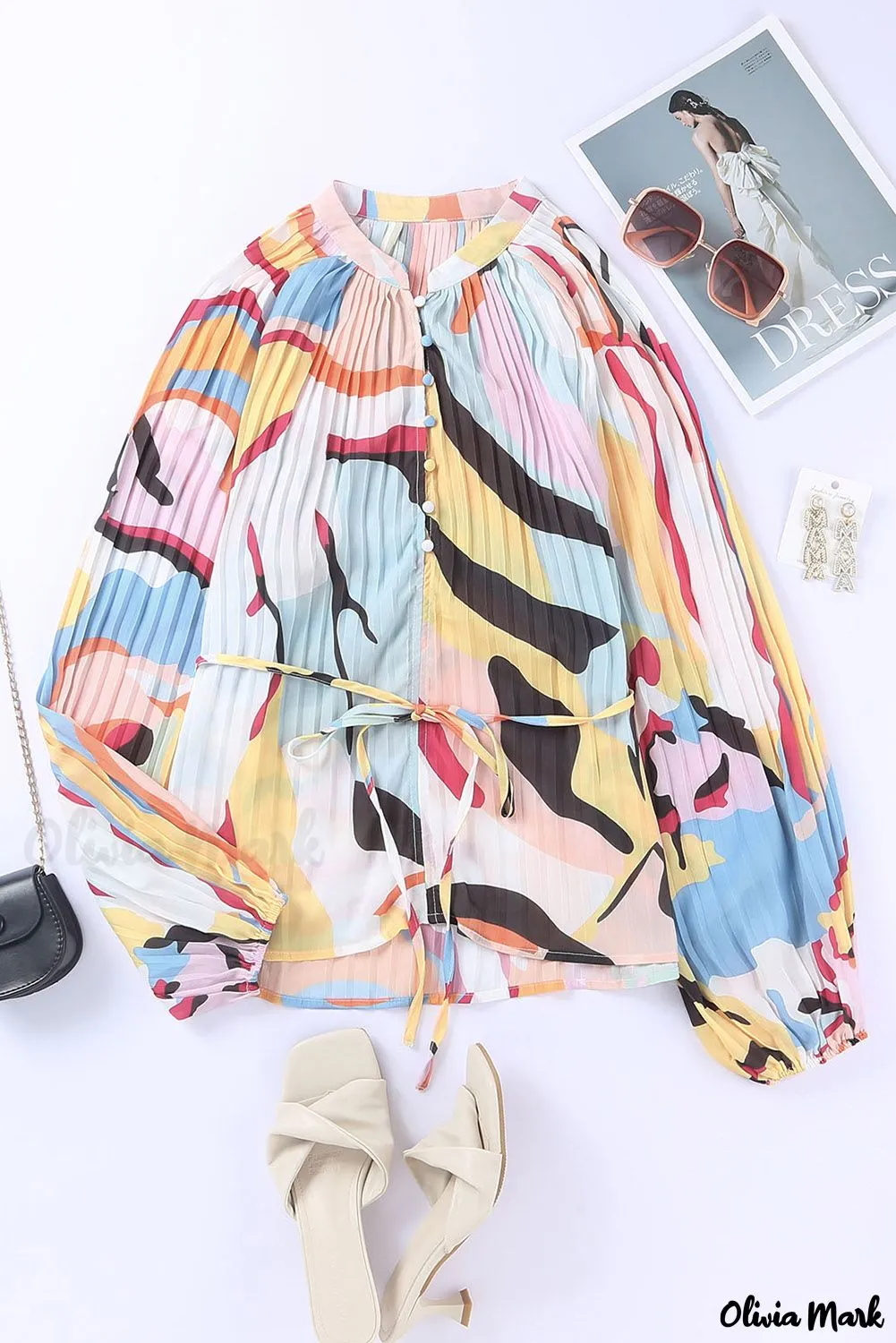 Xieyinshe - Multicolor Crinkle Long Sleeve Tropical Fish Skin Shirt