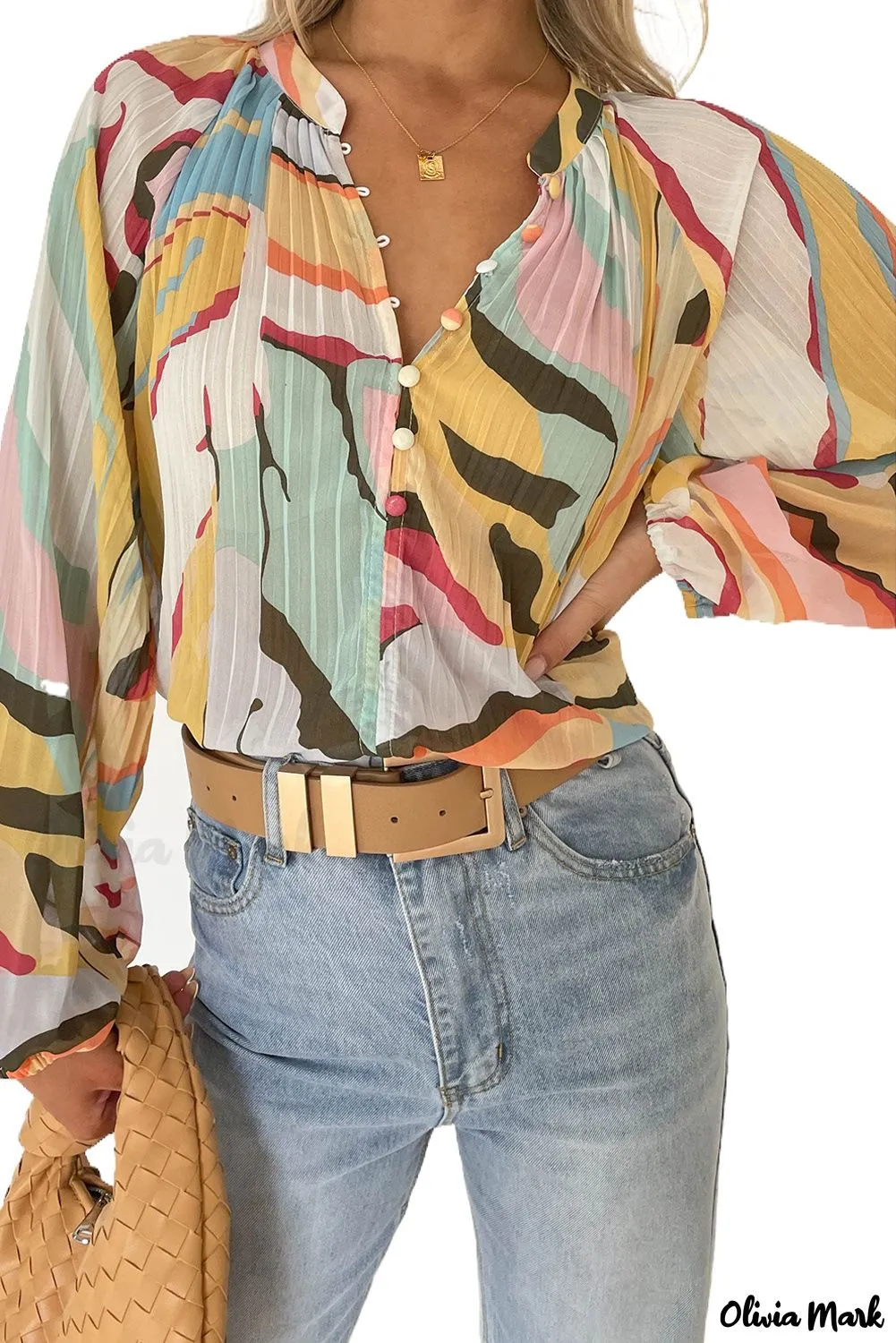 Xieyinshe - Multicolor Crinkle Long Sleeve Tropical Fish Skin Shirt