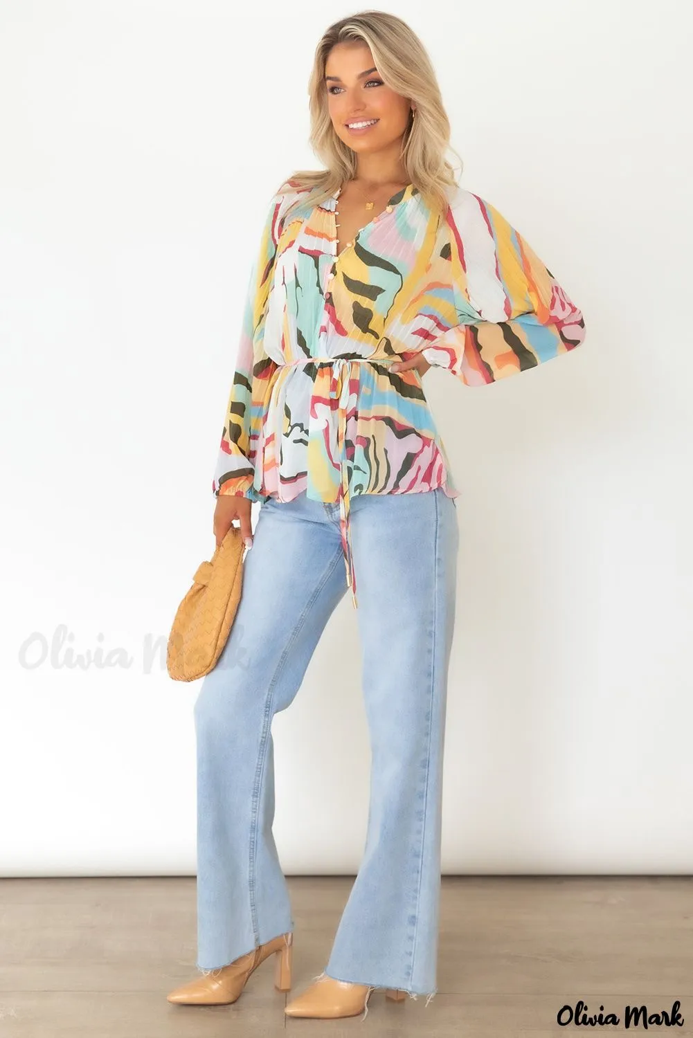 Xieyinshe - Multicolor Crinkle Long Sleeve Tropical Fish Skin Shirt