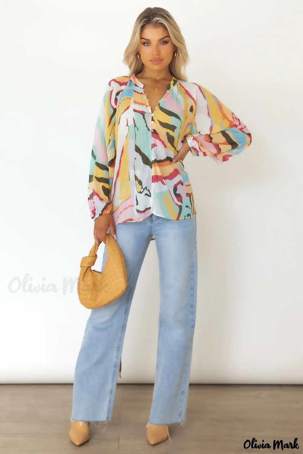 Xieyinshe - Multicolor Crinkle Long Sleeve Tropical Fish Skin Shirt