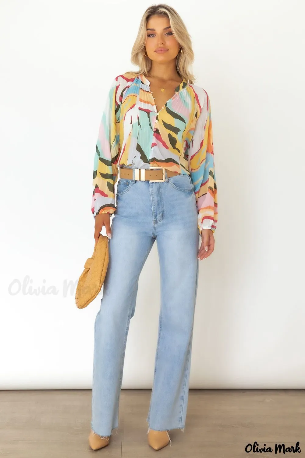 Xieyinshe - Multicolor Crinkle Long Sleeve Tropical Fish Skin Shirt