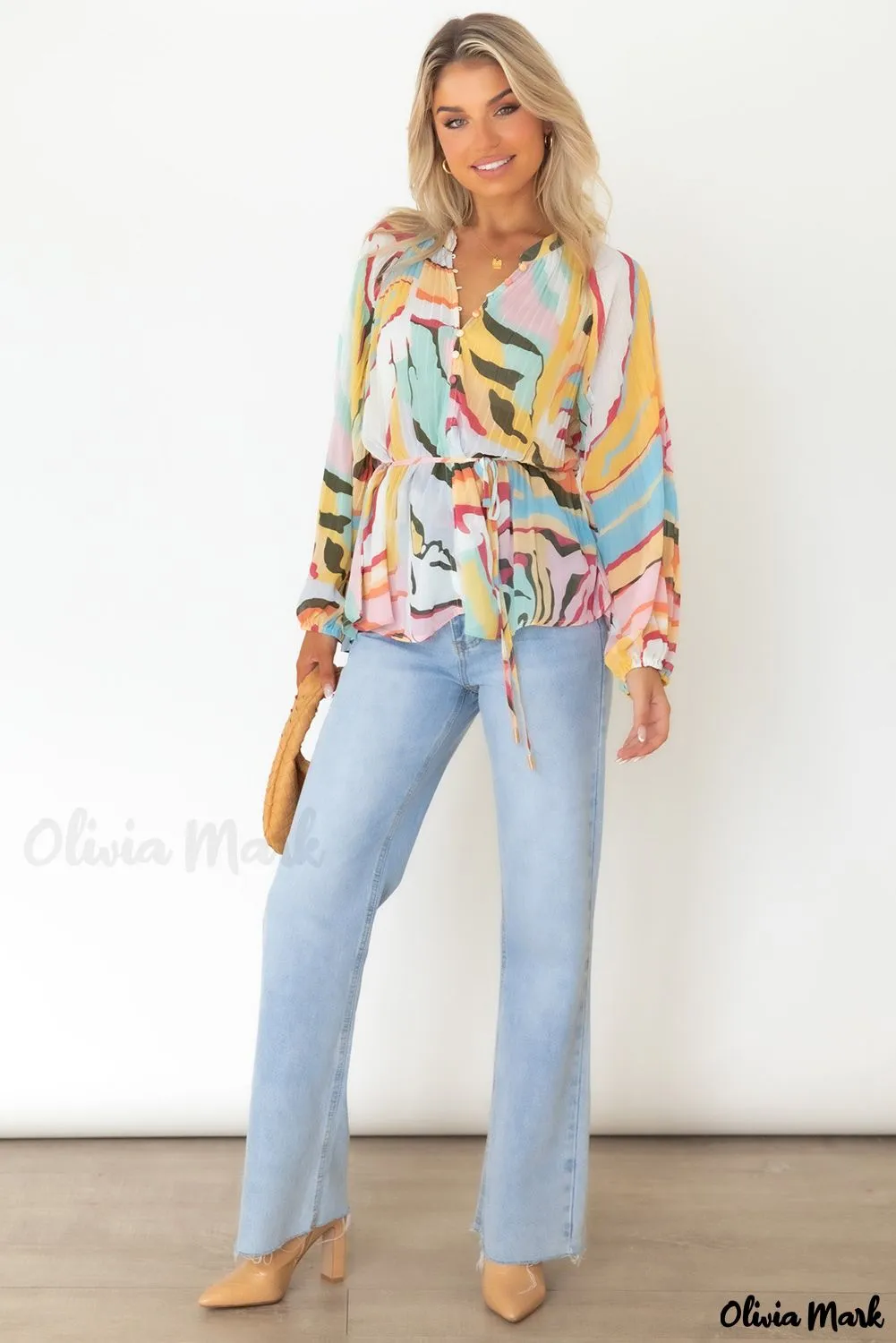 Xieyinshe - Multicolor Crinkle Long Sleeve Tropical Fish Skin Shirt