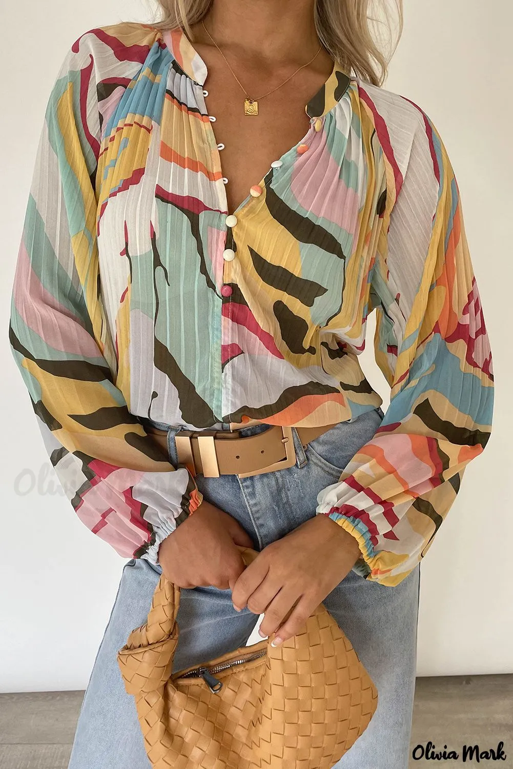 Xieyinshe - Multicolor Crinkle Long Sleeve Tropical Fish Skin Shirt