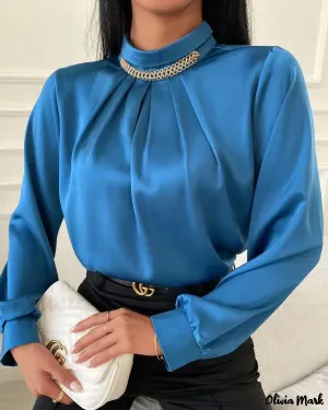 Xieyinshe - Plain blouse with stand-up collar and long sleeves