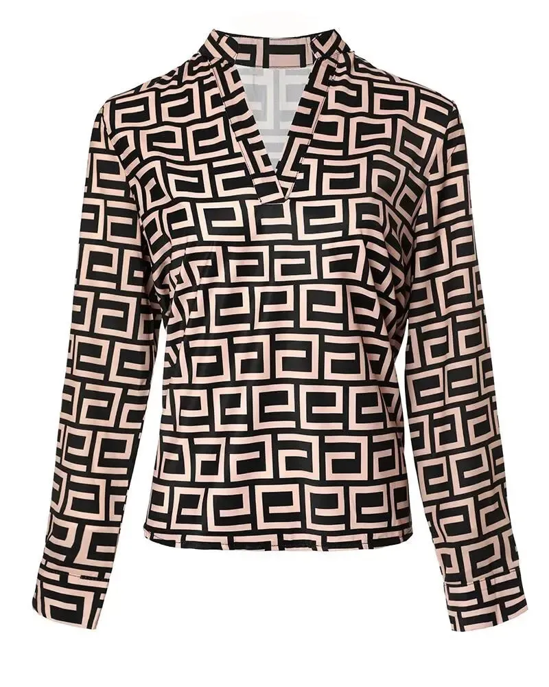 Xieyinshe - Relaxed Geometric Print V-Neck Long Sleeve Top