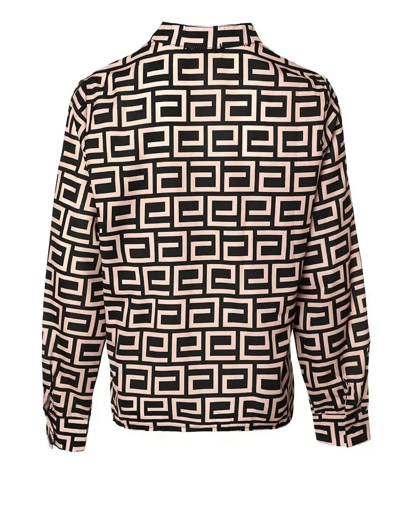 Xieyinshe - Relaxed Geometric Print V-Neck Long Sleeve Top
