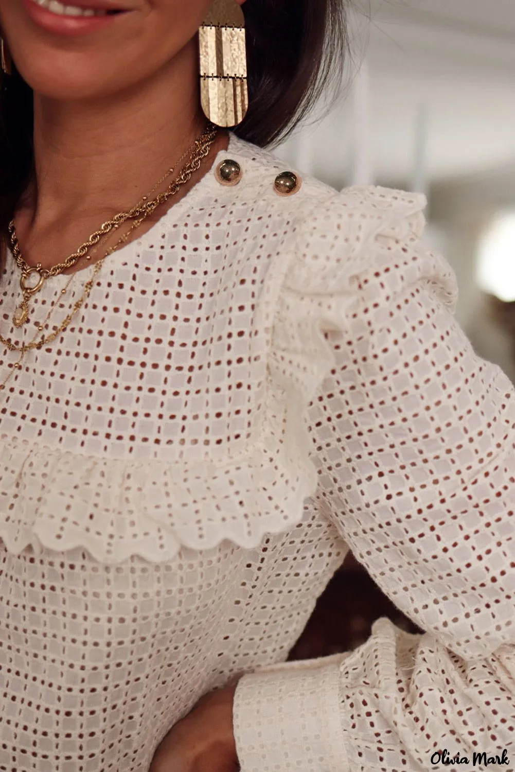 Xieyinshe - Round Neck Long Sleeve Ruffled Blouse with Hollowed Detail