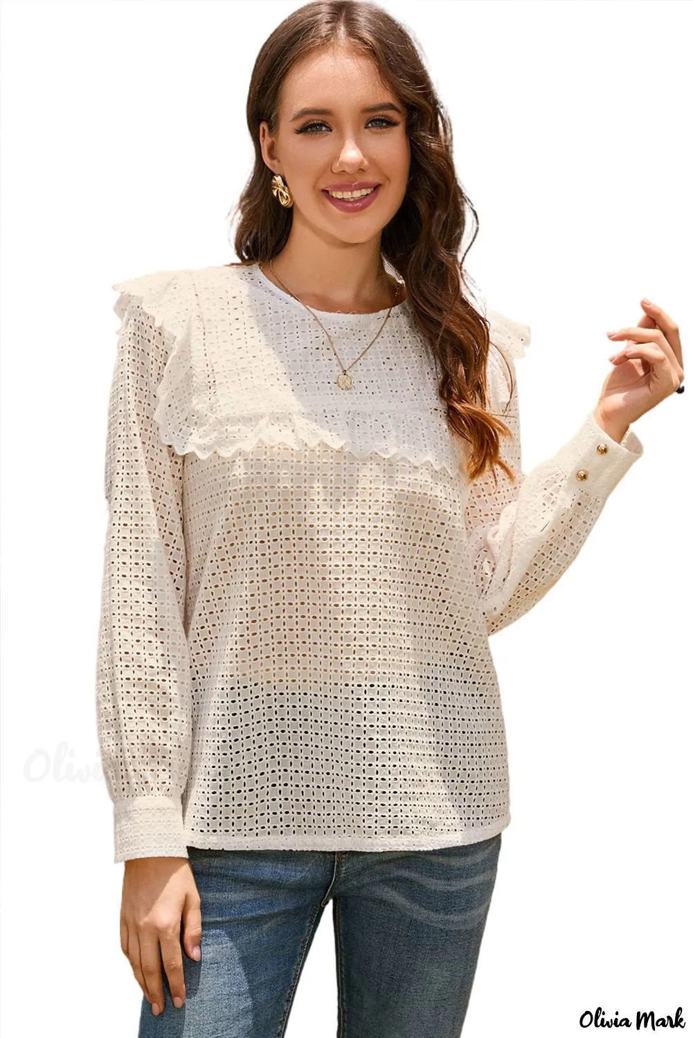 Xieyinshe - Round Neck Long Sleeve Ruffled Blouse with Hollowed Detail