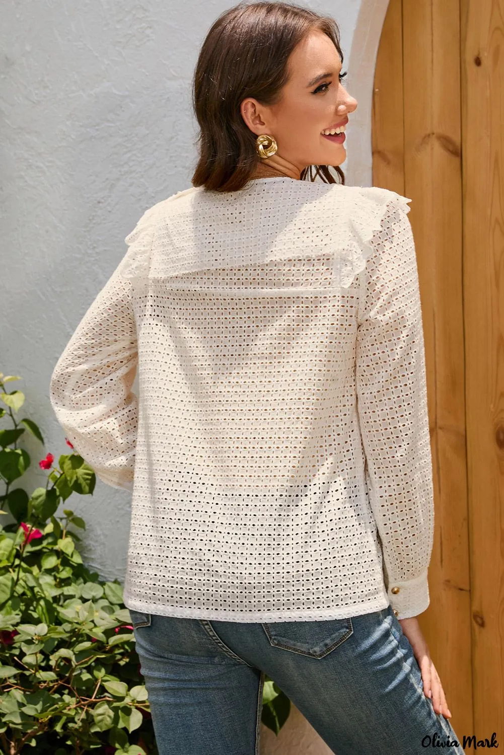 Xieyinshe - Round Neck Long Sleeve Ruffled Blouse with Hollowed Detail