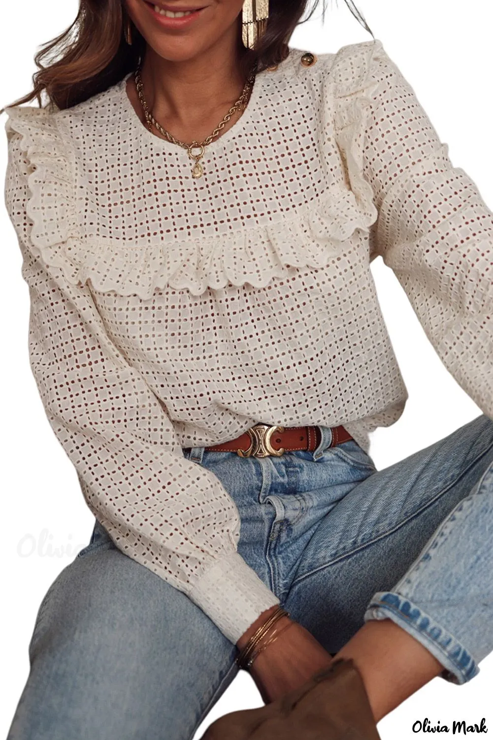 Xieyinshe - Round Neck Long Sleeve Ruffled Blouse with Hollowed Detail