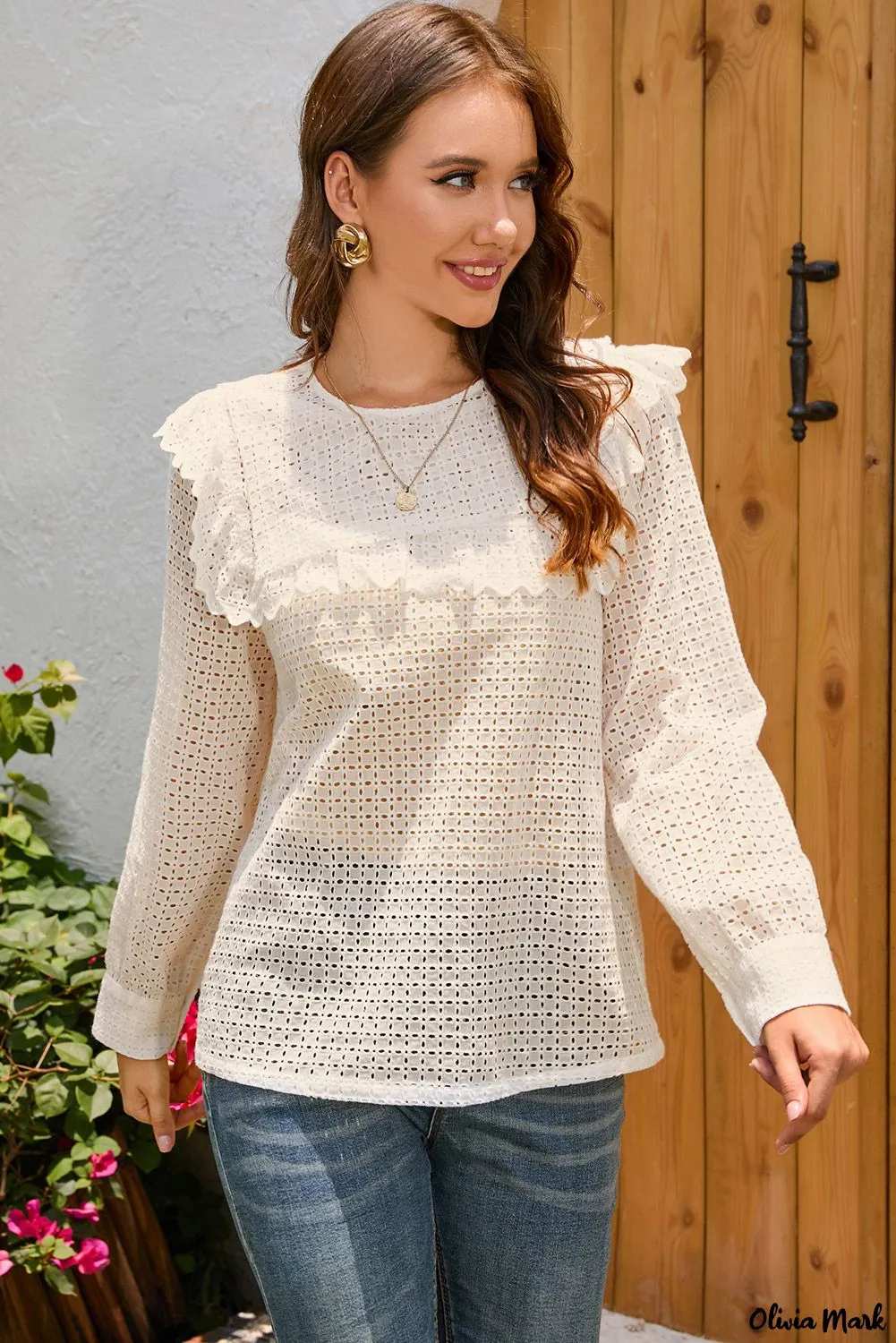 Xieyinshe - Round Neck Long Sleeve Ruffled Blouse with Hollowed Detail