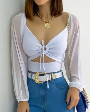 Xieyinshe - Sheer Mesh Long Sleeve Crop Top