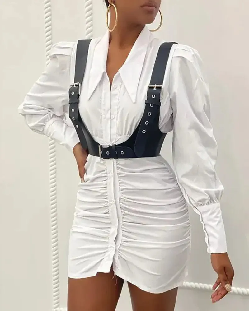 Xieyinshe - Shirred and buttoned long sleeve shirt with corset