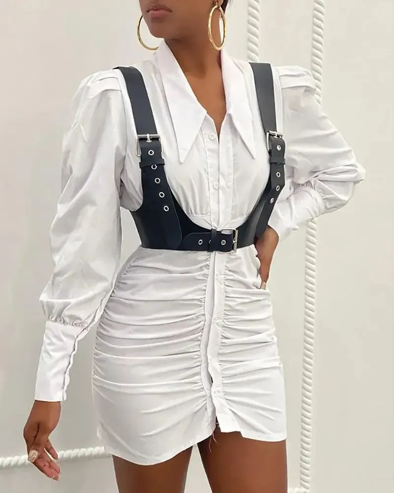 Xieyinshe - Shirred and buttoned long sleeve shirt with corset