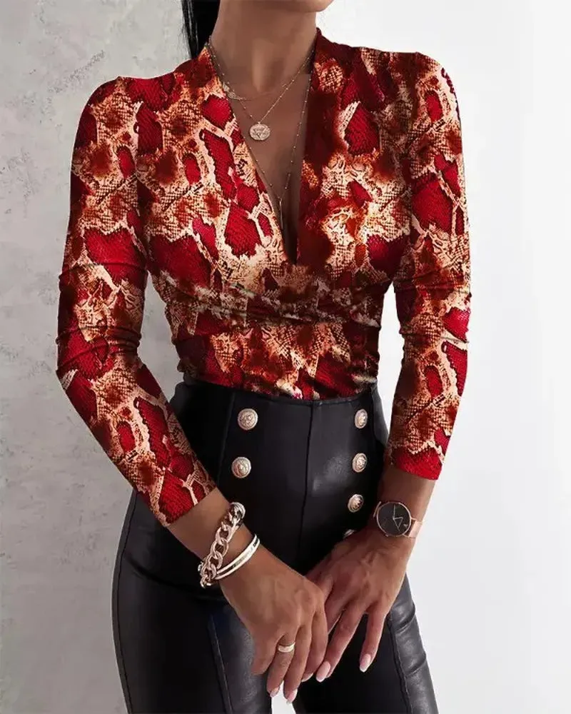 Xieyinshe - Snakeskin Print Long Sleeve Top