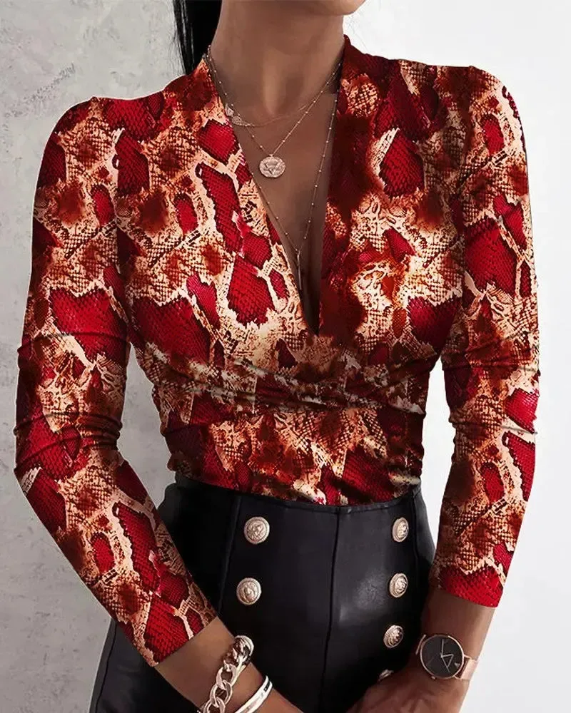 Xieyinshe - Snakeskin Print Long Sleeve Top