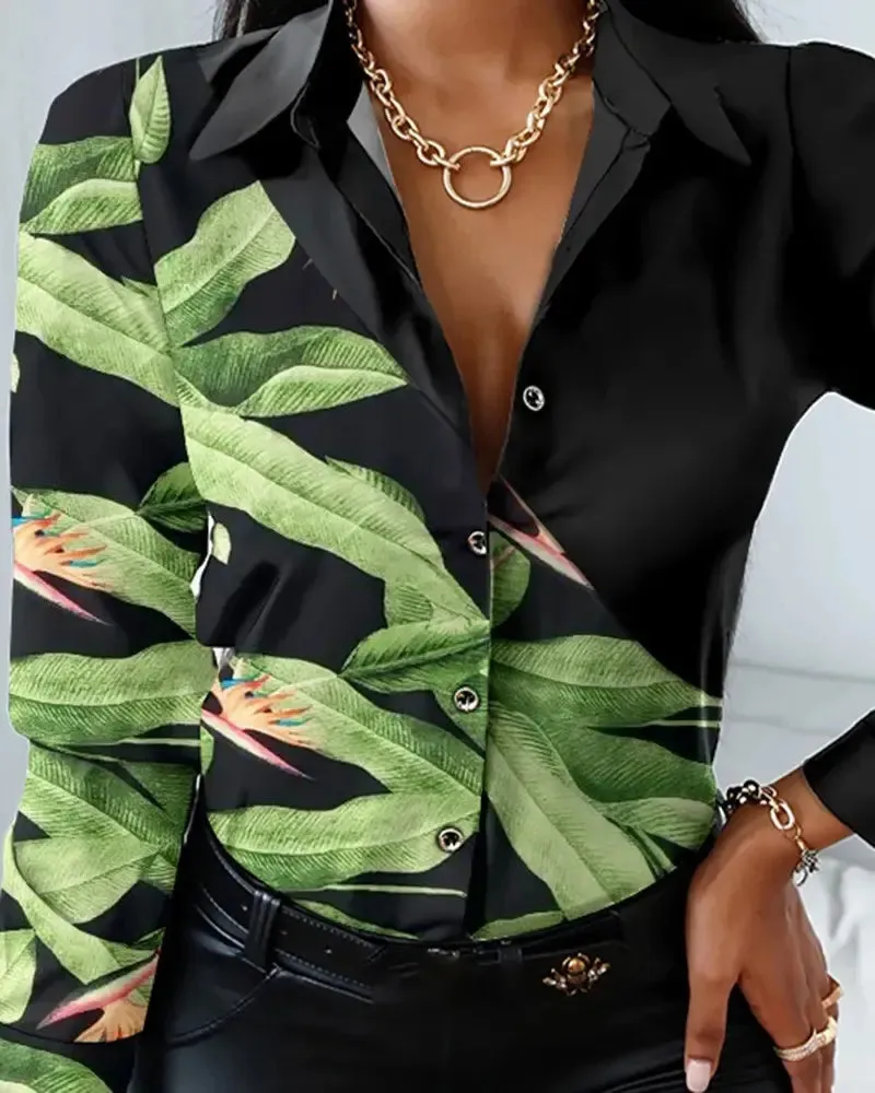 Xieyinshe - Tropical Print Long Sleeve Button Down Shirt