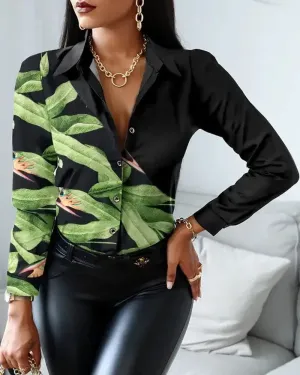Xieyinshe - Tropical Print Long Sleeve Button Down Shirt