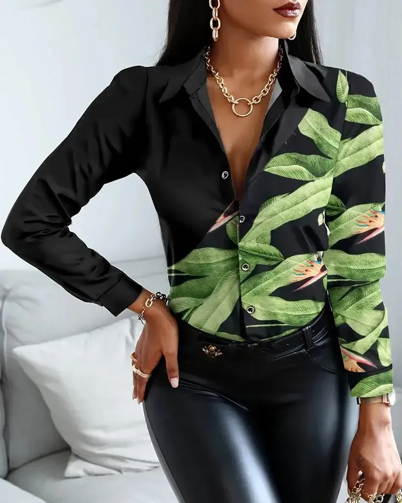 Xieyinshe - Tropical Print Long Sleeve Button Down Shirt