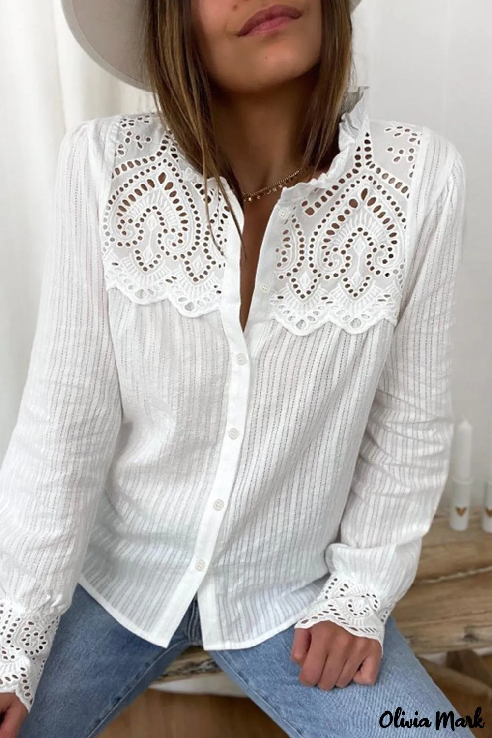 Xieyinshe - White Hollow Out Patch Button Down Long Sleeve Shirt