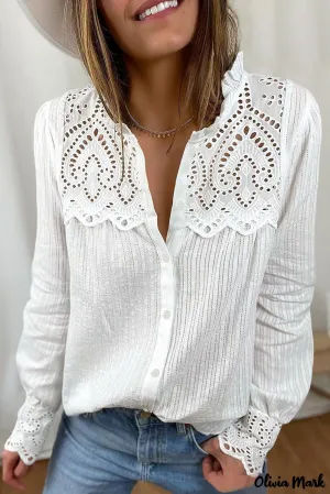 Xieyinshe - White Hollow Out Patch Button Down Long Sleeve Shirt