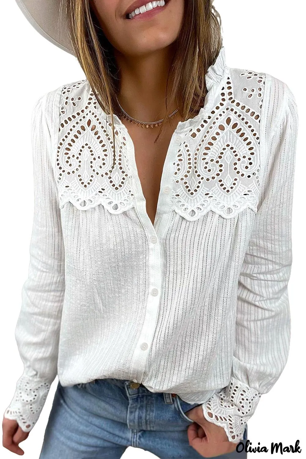 Xieyinshe - White Hollow Out Patch Button Down Long Sleeve Shirt