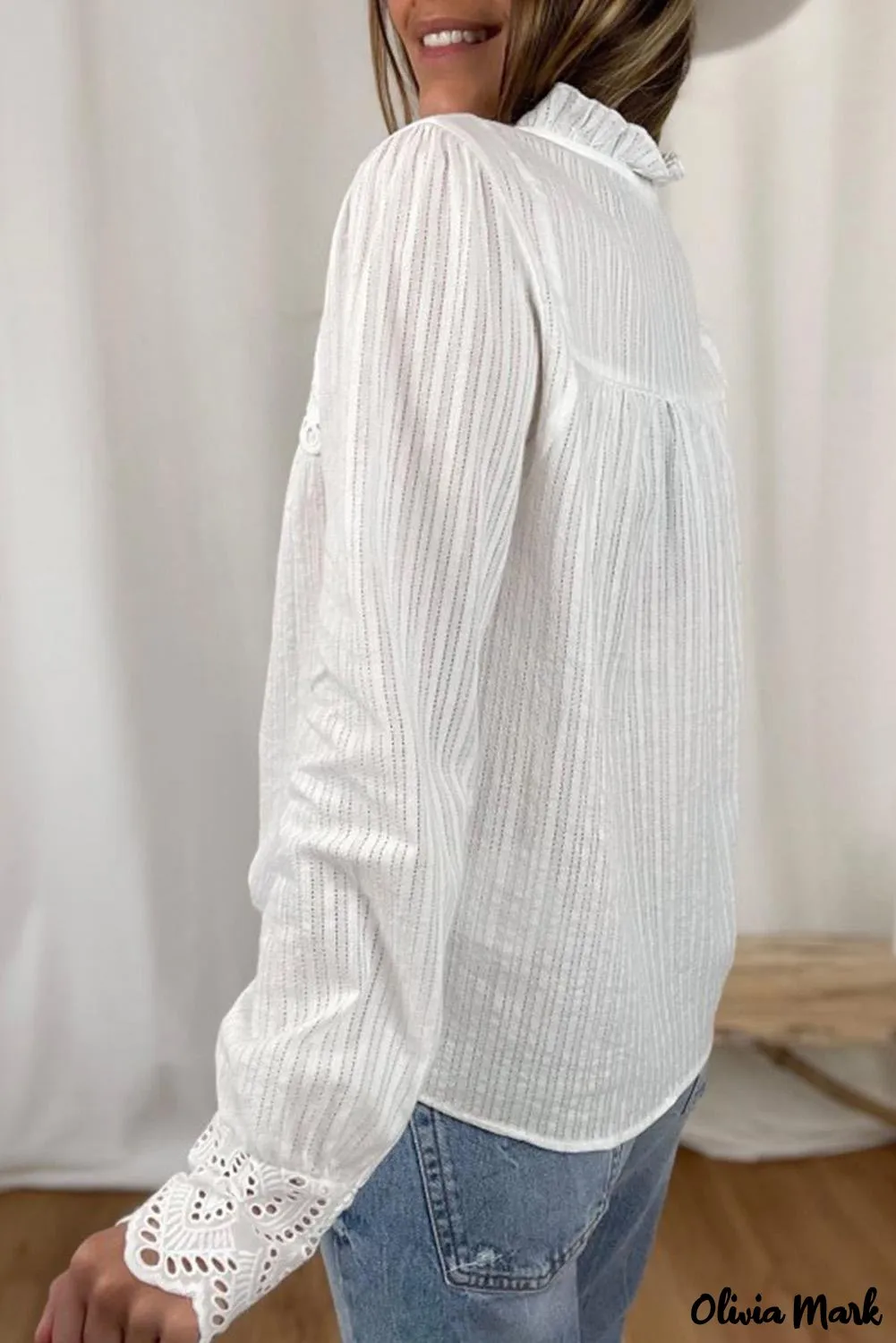 Xieyinshe - White Hollow Out Patch Button Down Long Sleeve Shirt