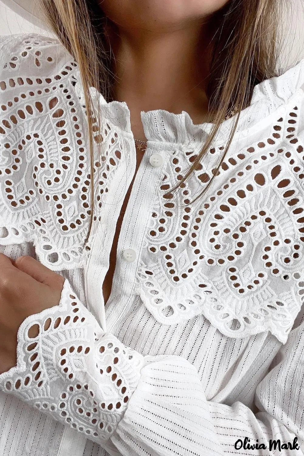 Xieyinshe - White Hollow Out Patch Button Down Long Sleeve Shirt